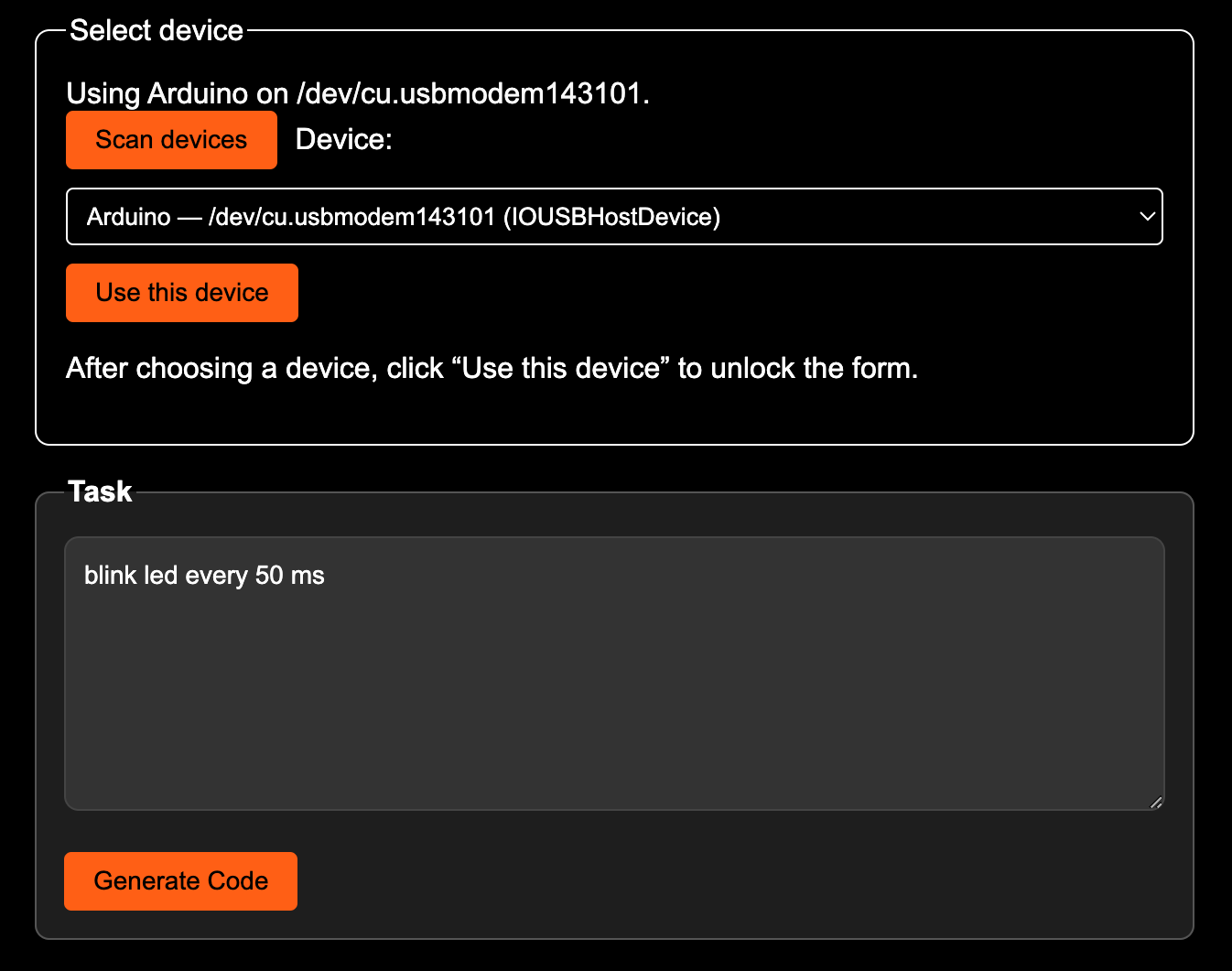 Screenshot of code generation